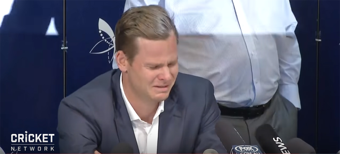 Steve Smith tears up while answering questions about the ball-tampering scandal that earned him a one-year suspension.